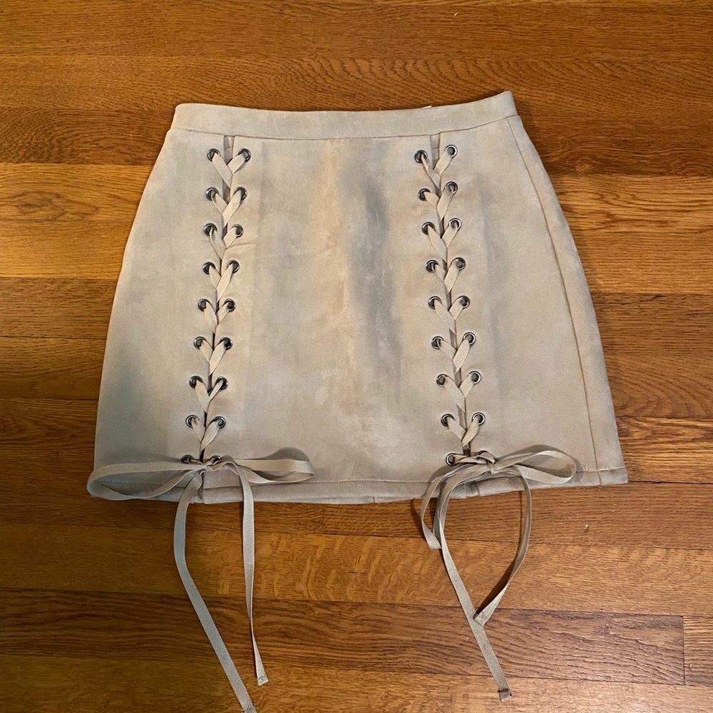 Camel suede tie up mini skirt